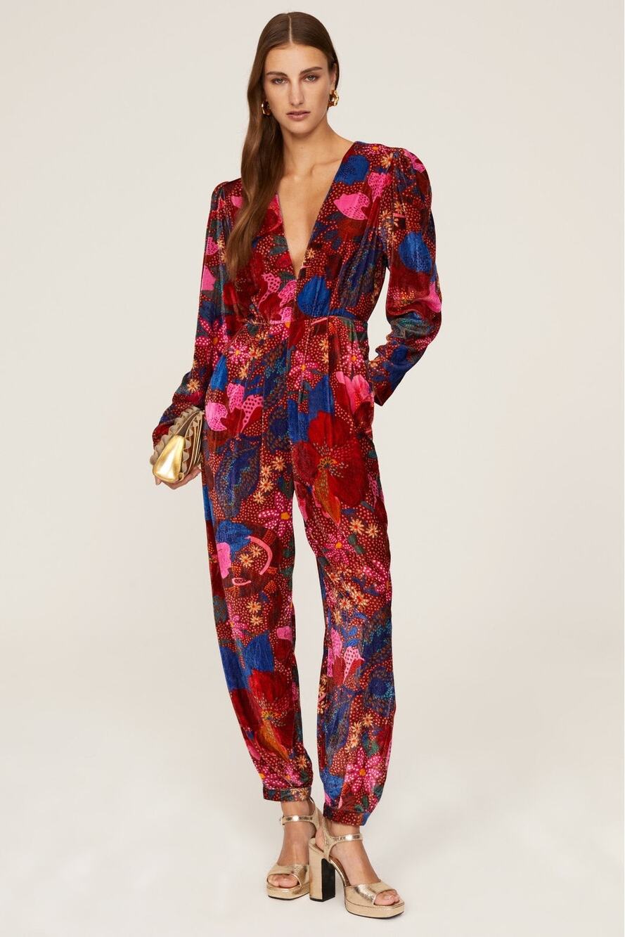 Farm Rio Snake Garden Red Velvet Floral Print V-Neck Long Sleeve Jumpsuit Sz XS
